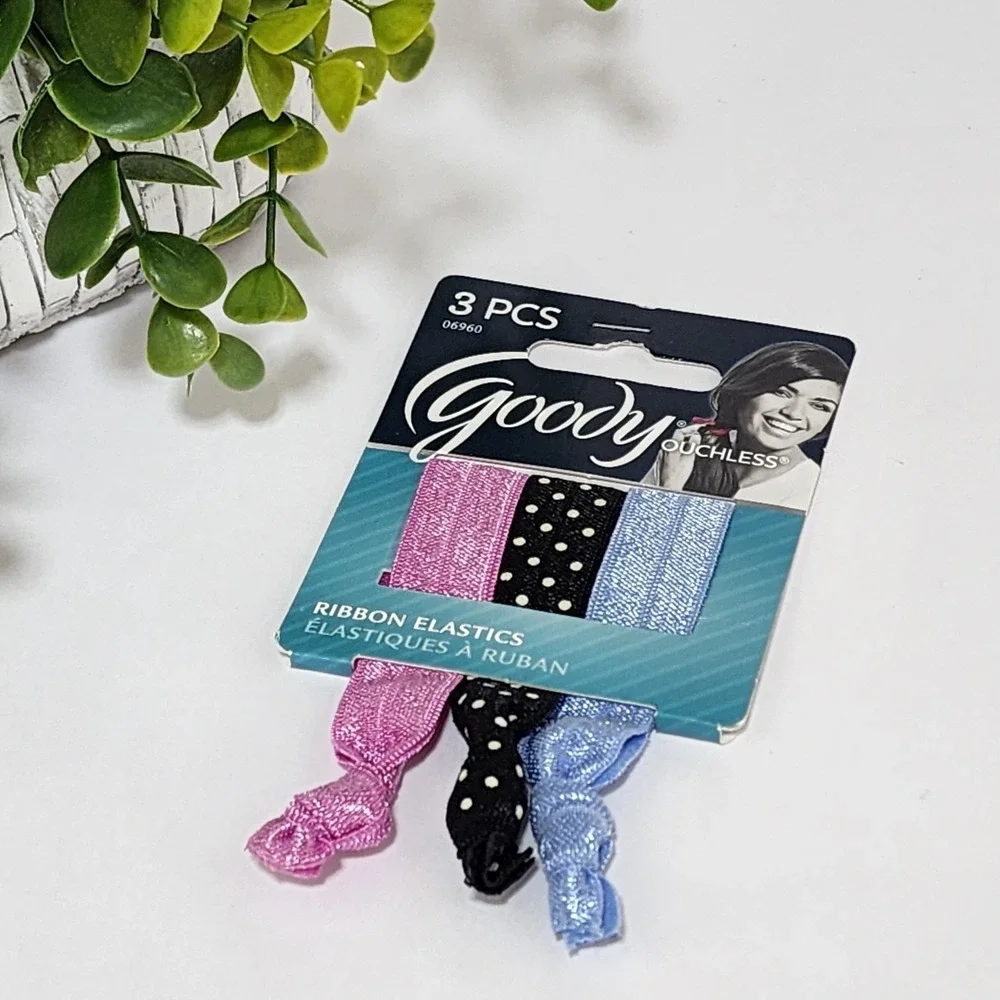 Goody Ouchless Ponytailers Ribbon Elastic Hair Tie 3 PCS Polka Black Blue Pink